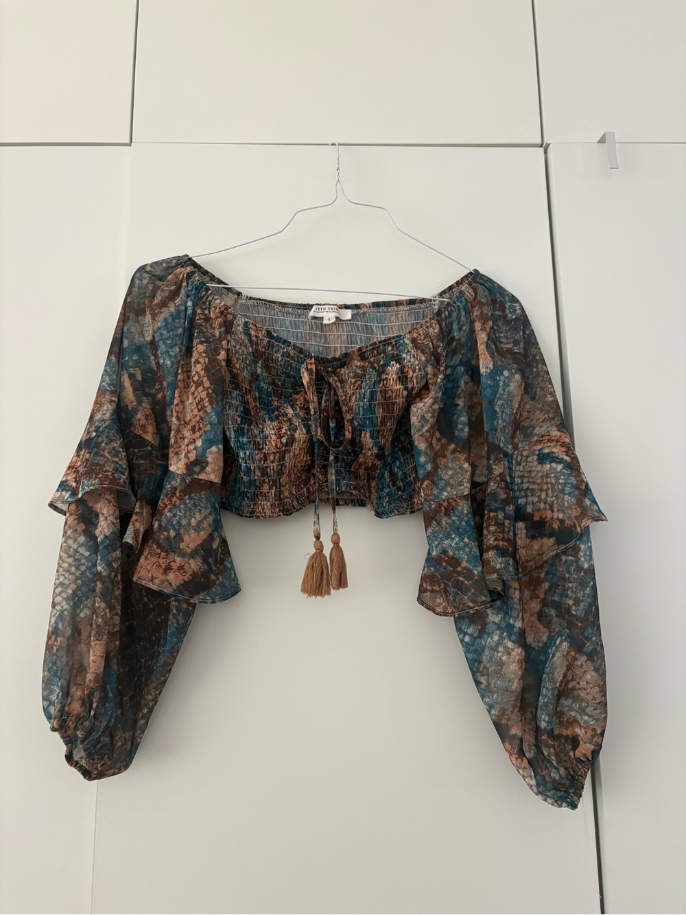 12th Tribe Brown & Teal Off-Shoulder Smocked Crop Top